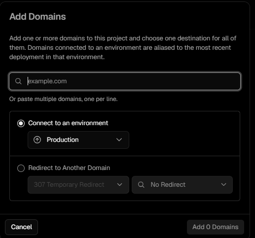 Tela Add Domains do Vercel com o ambiente Production selecionado